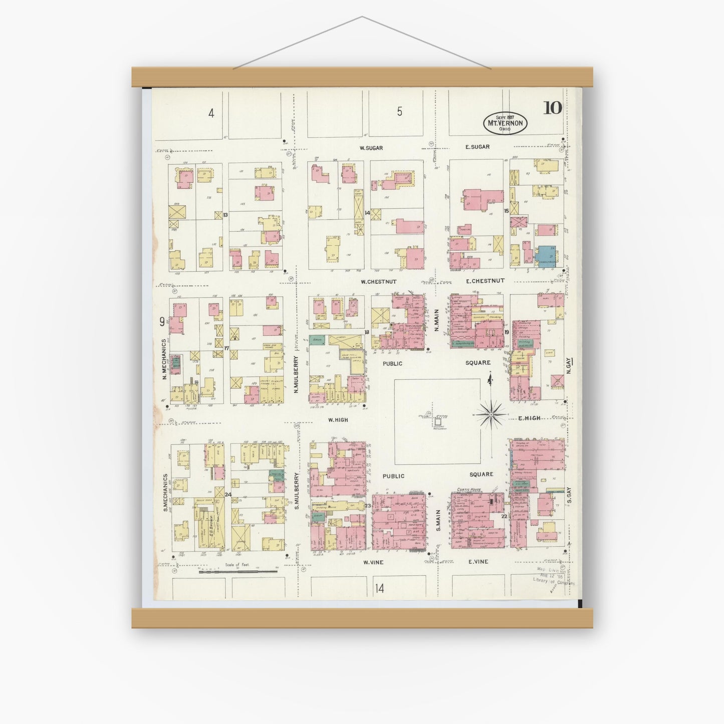 Old map wall art mockup — magnetic wood frame on white wall — Sanborn Fire Insurance Map from Mount Vernon, Knox County, Ohio (1907), Sheet #0010