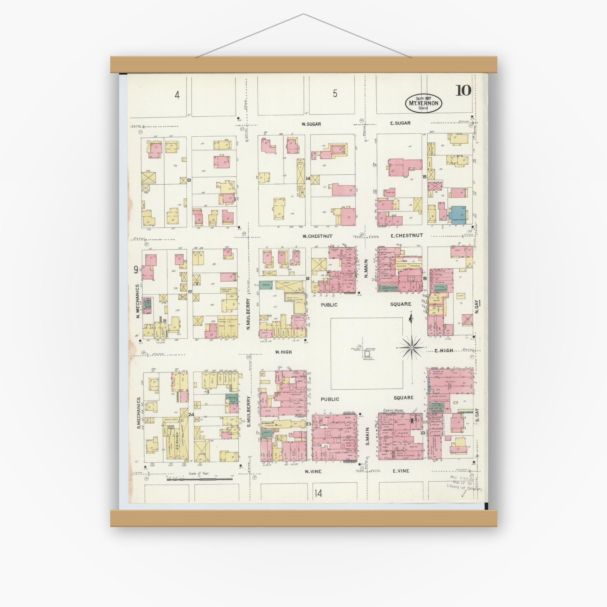 Old map wall art mockup — magnetic wood frame on white wall — Sanborn Fire Insurance Map from Mount Vernon, Knox County, Ohio (1907), Sheet #0010
