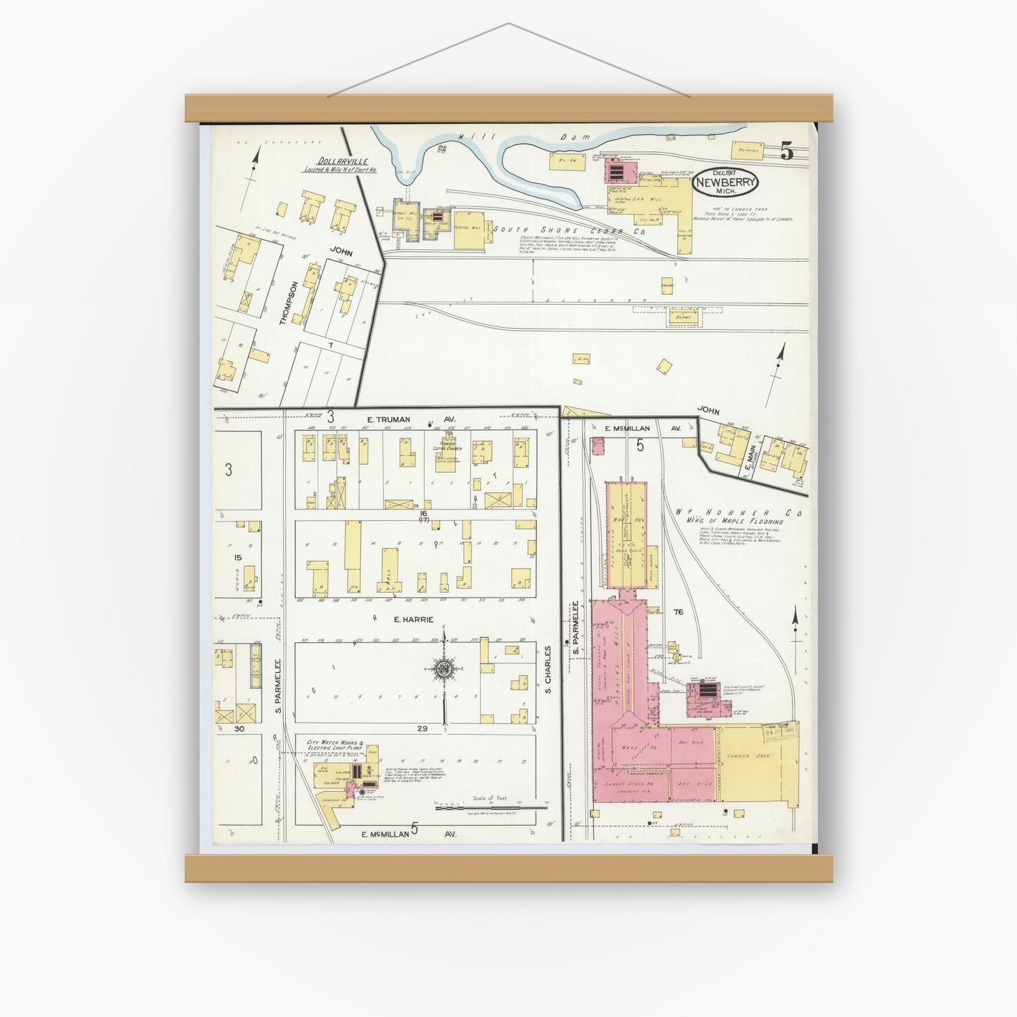 Old map wall art mockup — magnetic wood frame on white wall — Sanborn Fire Insurance Map from Newberry, Luce County, Michigan (1917), Sheet #0005