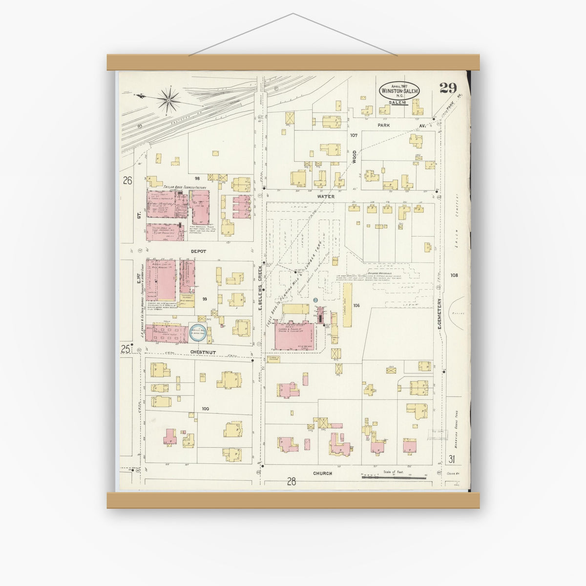 Old map wall art mockup — magnetic wood frame on white wall — Sanborn Fire Insurance Map from Winston-Salem, Forsyth County, North Carolina (1907), Sheet #0029