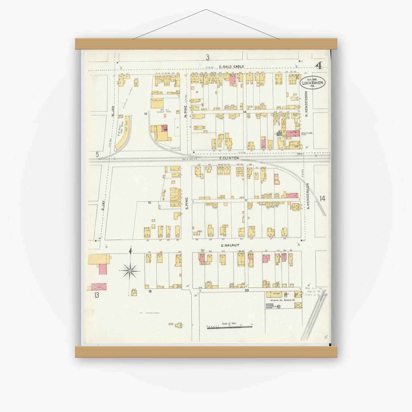 Old map wall art mockup — magnetic wood frame on white wall — Sanborn Fire Insurance Map from Lock Haven, Clinton County, Pennsylvania (1906), Sheet #0004