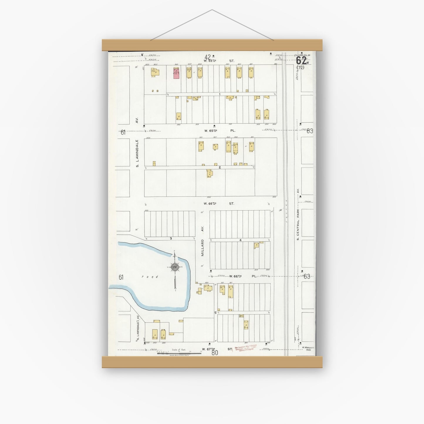 Old map wall art mockup — magnetic wood frame on white wall — Sanborn Fire Insurance Map from Chicago, Cook County, Illinois (1920), Sheet #0062