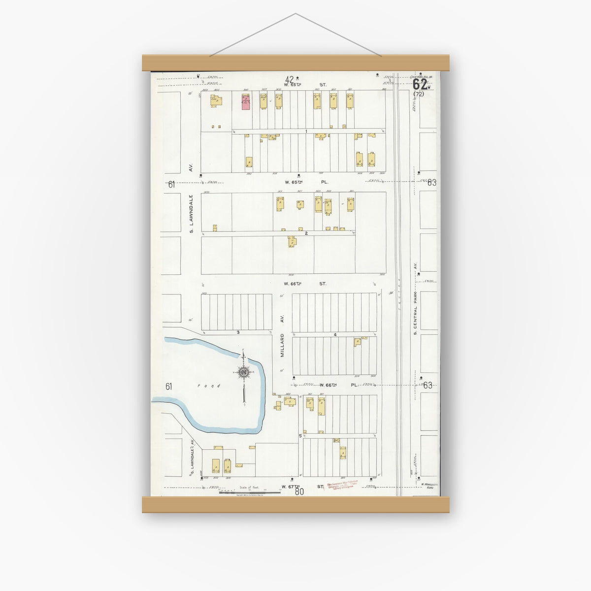 Old map wall art mockup — magnetic wood frame on white wall — Sanborn Fire Insurance Map from Chicago, Cook County, Illinois (1920), Sheet #0062