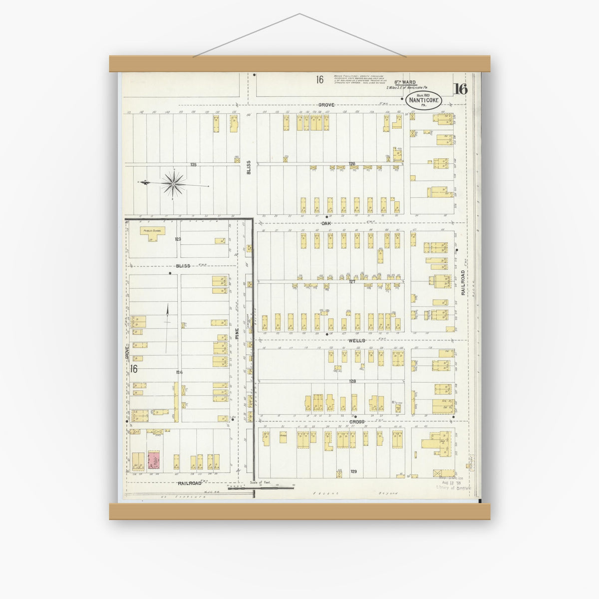 Old map wall art mockup — magnetic wood frame on white wall — Sanborn Fire Insurance Map from Nanticoke, Luzerne County, Pennsylvania (1903), Sheet #0016