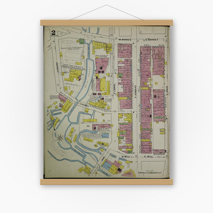 Old map wall art mockup — magnetic wood frame on white wall — Sanborn Fire Insurance Map from Akron, Summit County, Ohio (1892), Sheet #0002