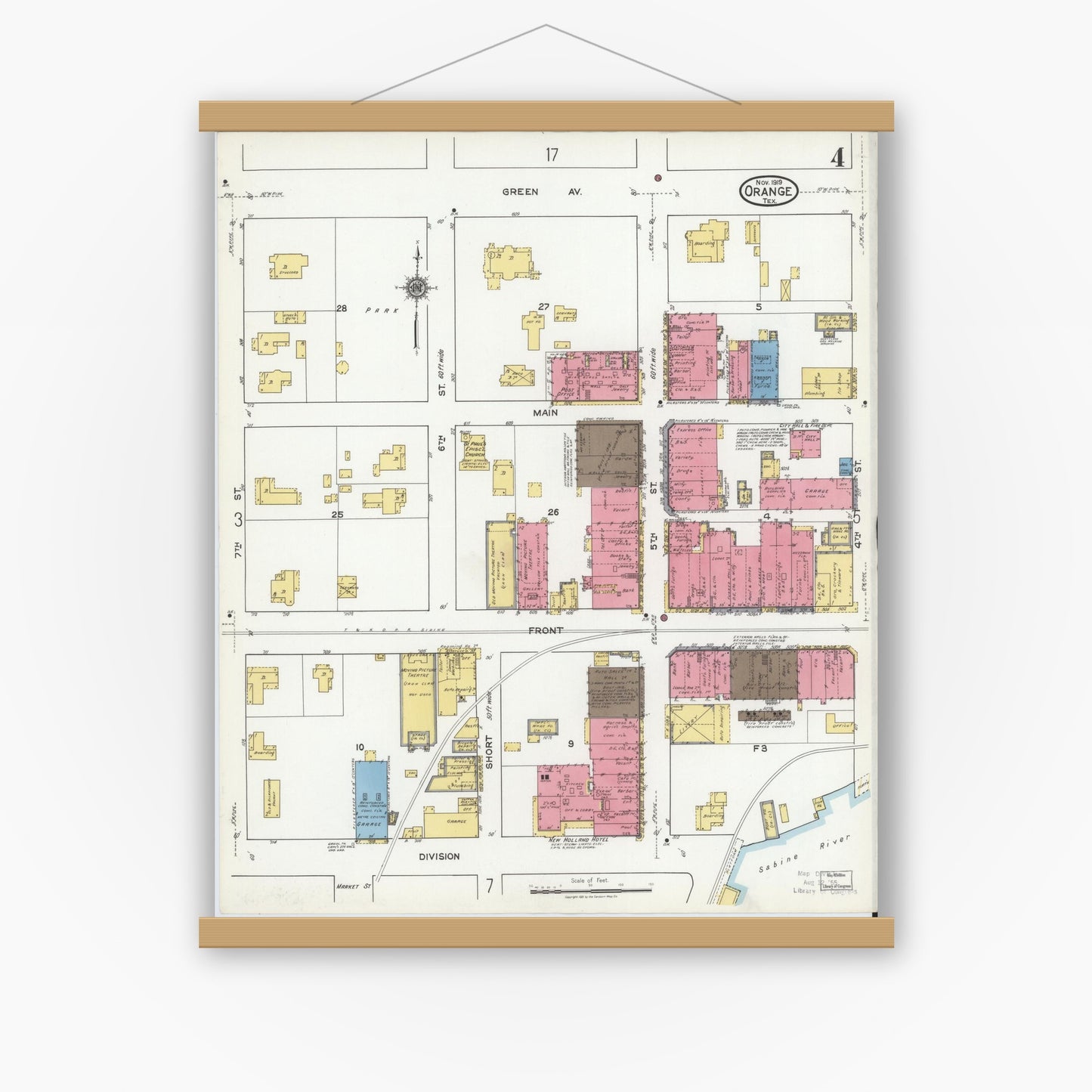 Old map wall art mockup — magnetic wood frame on white wall — Sanborn Fire Insurance Map from Orange, Orange County, Texas (1919), Sheet #0004