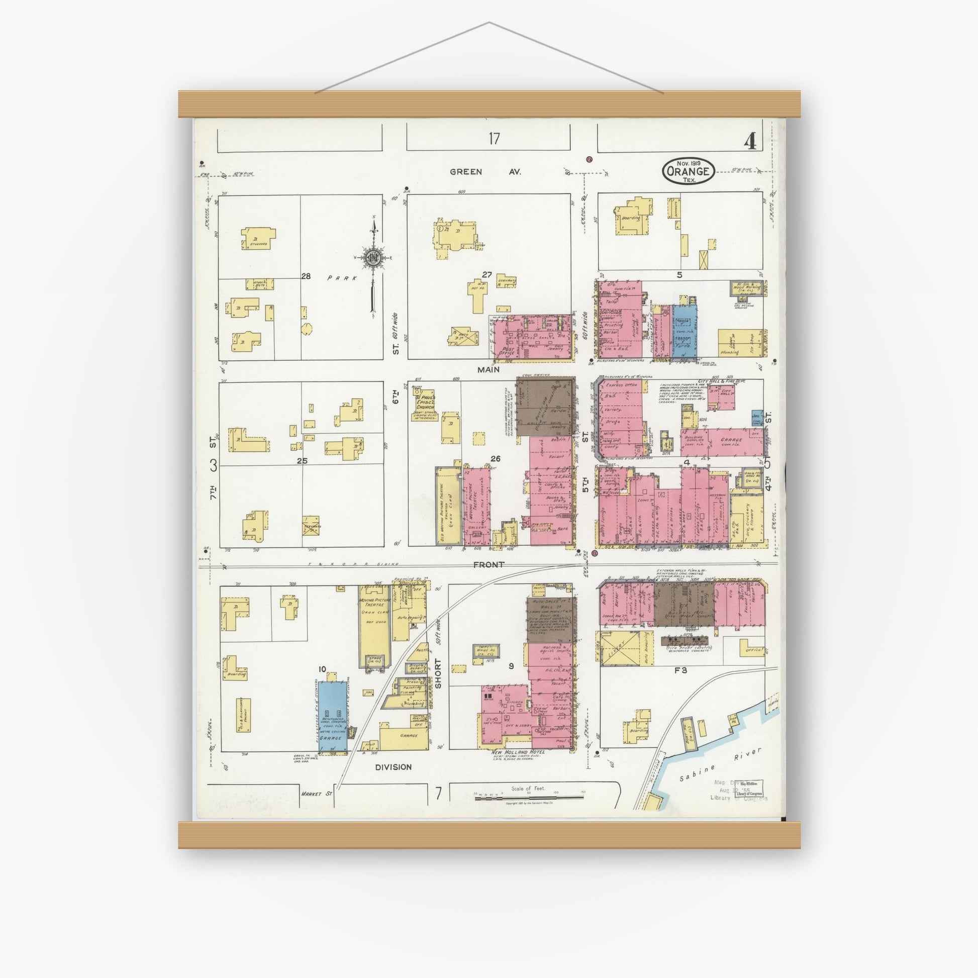 Old map wall art mockup — magnetic wood frame on white wall — Sanborn Fire Insurance Map from Orange, Orange County, Texas (1919), Sheet #0004
