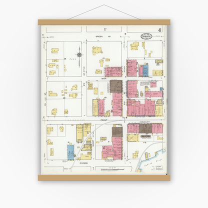 Old map wall art mockup — magnetic wood frame on white wall — Sanborn Fire Insurance Map from Orange, Orange County, Texas (1919), Sheet #0004
