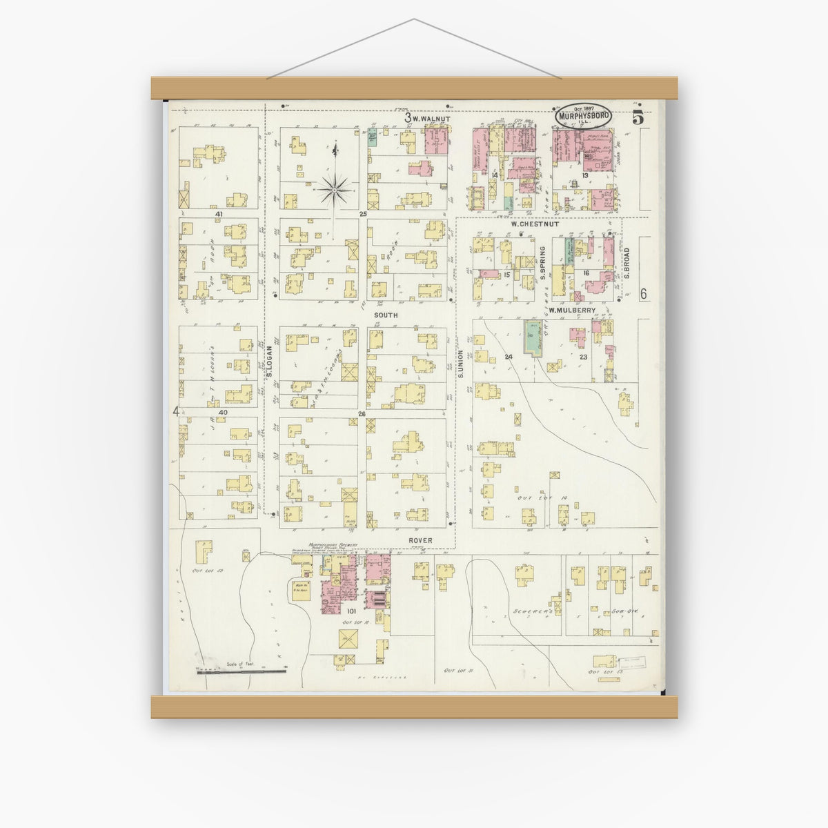 Old map wall art mockup — magnetic wood frame on white wall — Sanborn Fire Insurance Map from Murphysboro, Jackson County, Illinois (1897), Sheet #0005