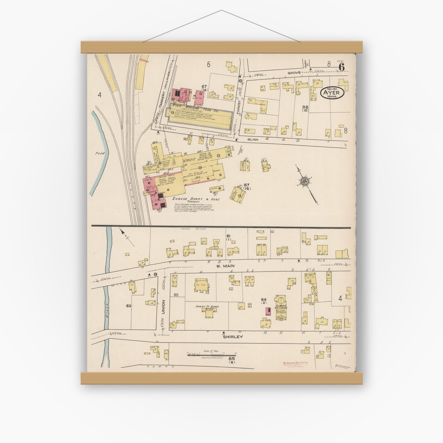 Old map wall art mockup — magnetic wood frame on white wall — Sanborn Fire Insurance Map from Ayer, Middlesex County, Massachusetts (1921), Sheet #0006