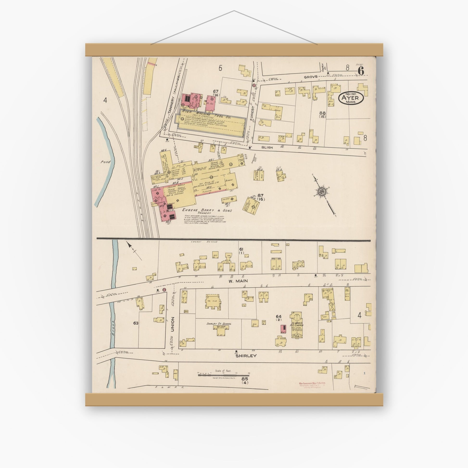 Old map wall art mockup — magnetic wood frame on white wall — Sanborn Fire Insurance Map from Ayer, Middlesex County, Massachusetts (1921), Sheet #0006