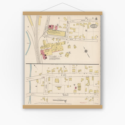 Old map wall art mockup — magnetic wood frame on white wall — Sanborn Fire Insurance Map from Ayer, Middlesex County, Massachusetts (1921), Sheet #0006