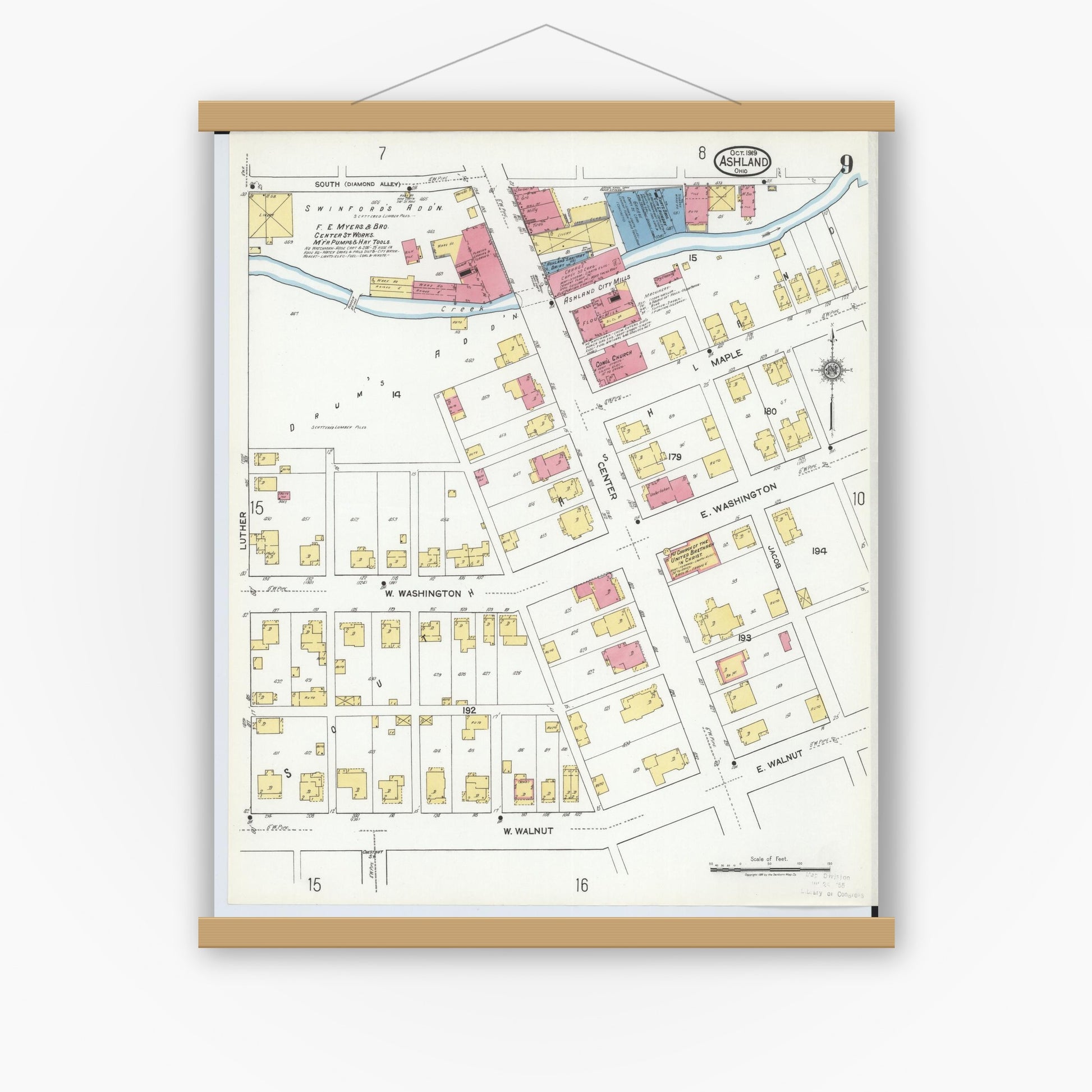 Old map wall art mockup — magnetic wood frame on white wall — Sanborn Fire Insurance Map from Ashland, Ashland County, Ohio (1919), Sheet #0009