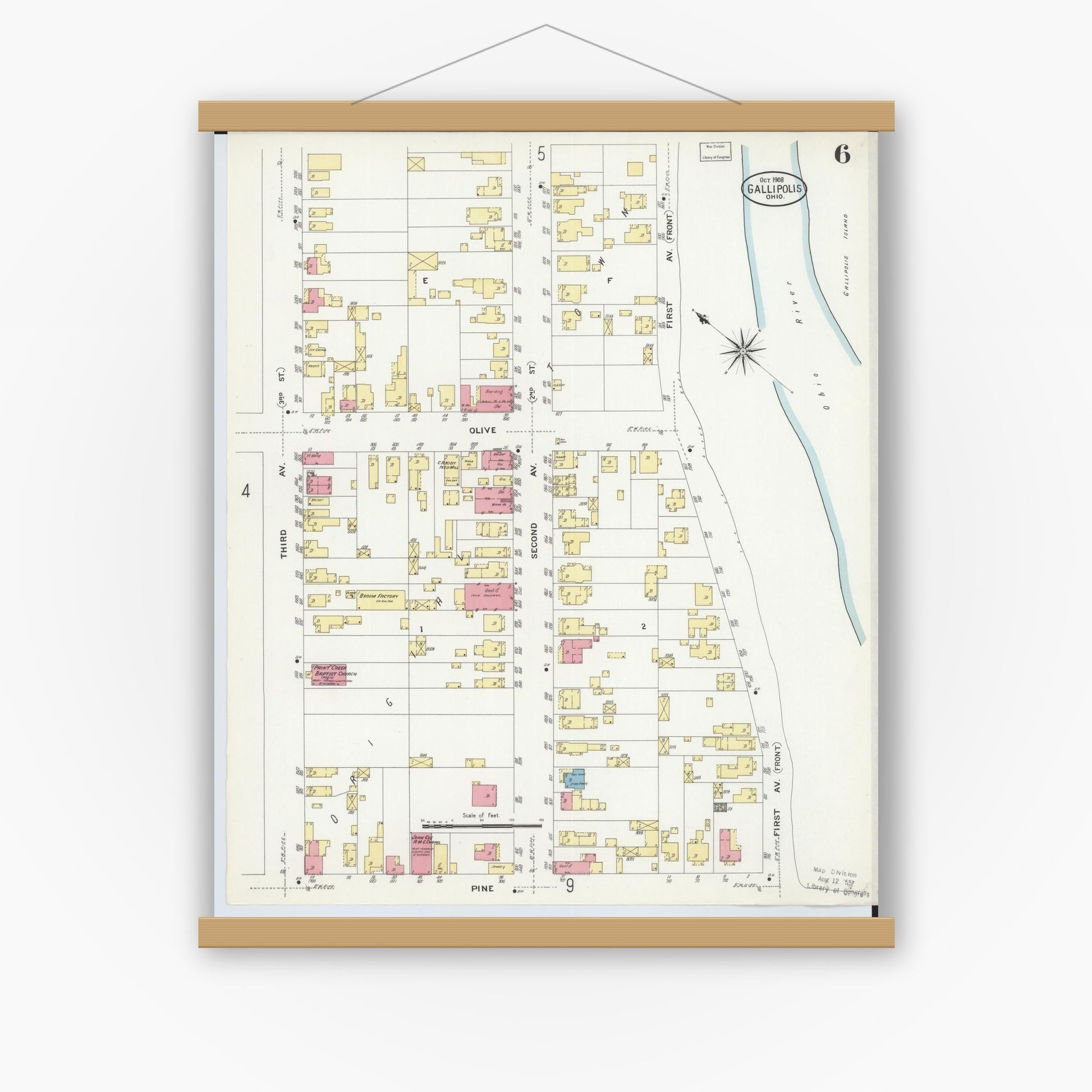 Old map wall art mockup — magnetic wood frame on white wall — Sanborn Fire Insurance Map from Gallipolis, Gallia County, Ohio (1908), Sheet #0006