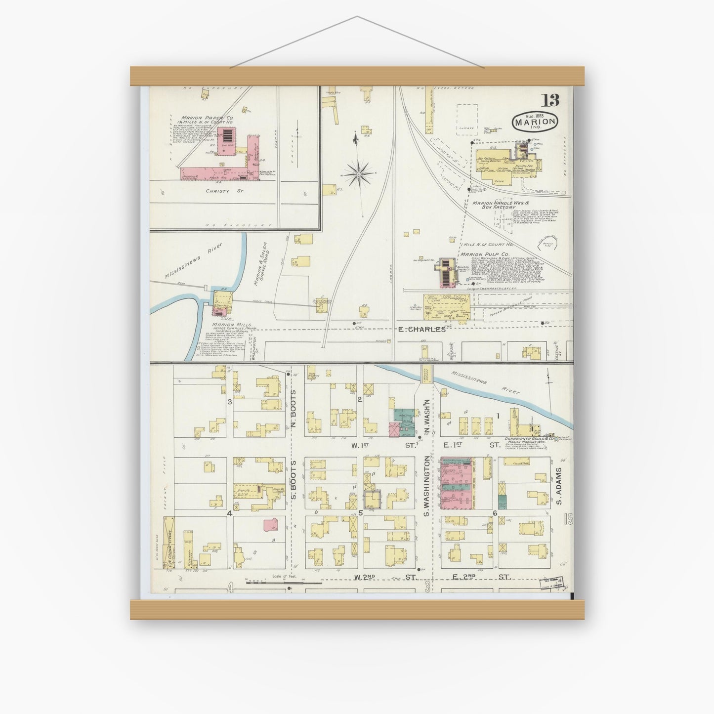 Old map wall art mockup — magnetic wood frame on white wall — Sanborn Fire Insurance Map from Marion, Grant County, Indiana (1893), Sheet #0013