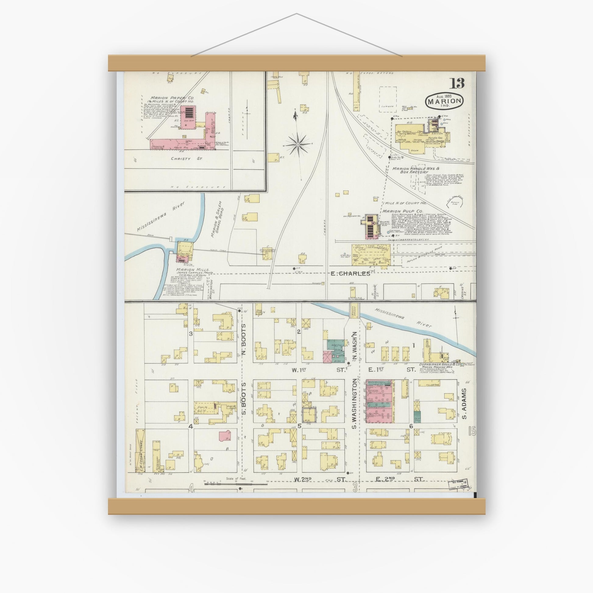 Old map wall art mockup — magnetic wood frame on white wall — Sanborn Fire Insurance Map from Marion, Grant County, Indiana (1893), Sheet #0013