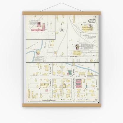 Old map wall art mockup — magnetic wood frame on white wall — Sanborn Fire Insurance Map from Marion, Grant County, Indiana (1893), Sheet #0013