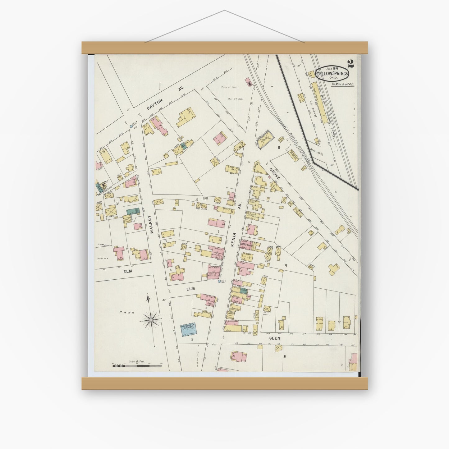 Old map wall art mockup — magnetic wood frame on white wall — Sanborn Fire Insurance Map from Yellow Springs, Greene County, Ohio (1895), Sheet #0002