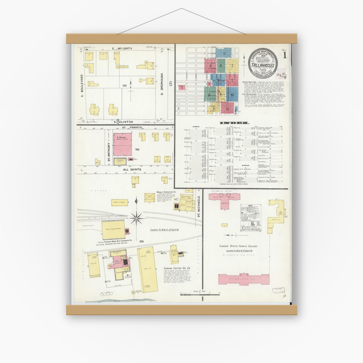Old map wall art mockup — magnetic wood frame on white wall — Sanborn Fire Insurance Map from Tallahassee, Leon County, Florida (1909) - Complete Map Set