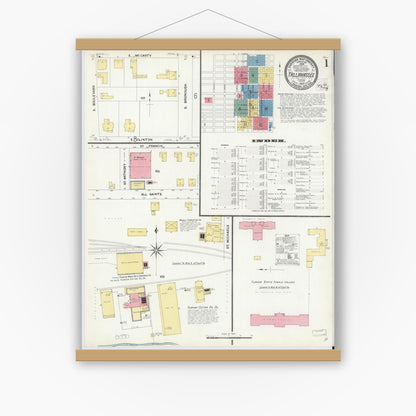 Old map wall art mockup — magnetic wood frame on white wall — Sanborn Fire Insurance Map from Tallahassee, Leon County, Florida (1909) - Complete Map Set