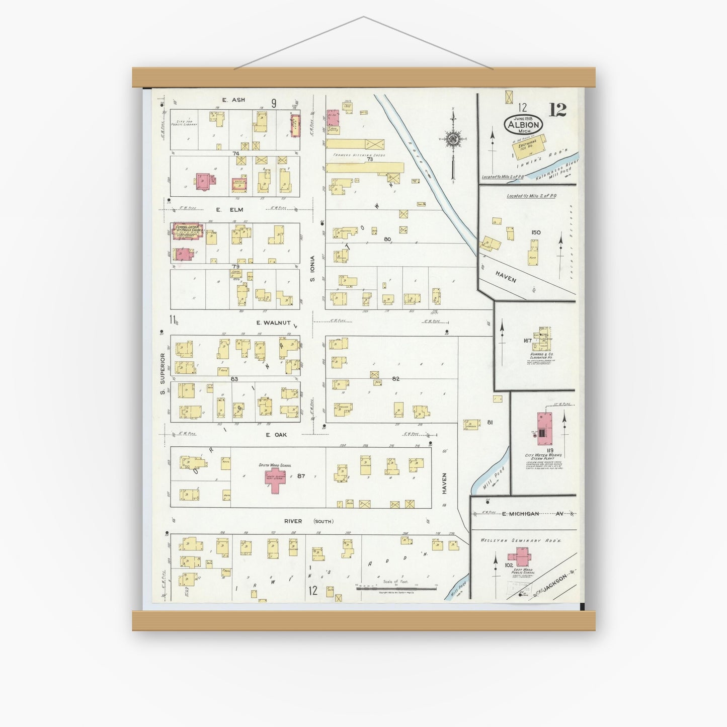 Old map wall art mockup — magnetic wood frame on white wall — Sanborn Fire Insurance Map from Albion, Calhoun County, Michigan (1918), Sheet #0012