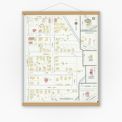 Old map wall art mockup — magnetic wood frame on white wall — Sanborn Fire Insurance Map from Albion, Calhoun County, Michigan (1918), Sheet #0012