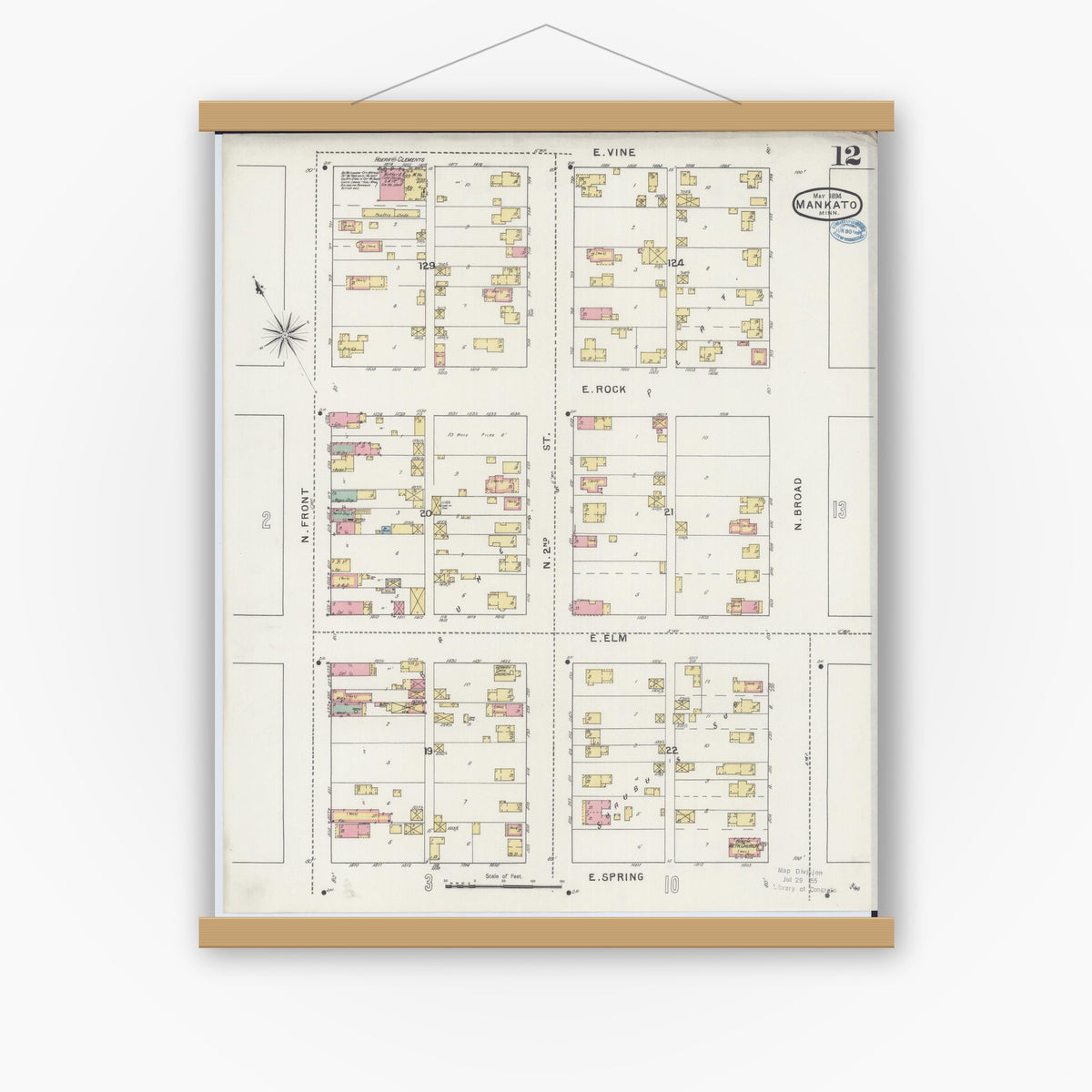 Old map wall art mockup — magnetic wood frame on white wall — Sanborn Fire Insurance Map from Mankato, Blue Earth County, Minnesota (1894), Sheet #0012