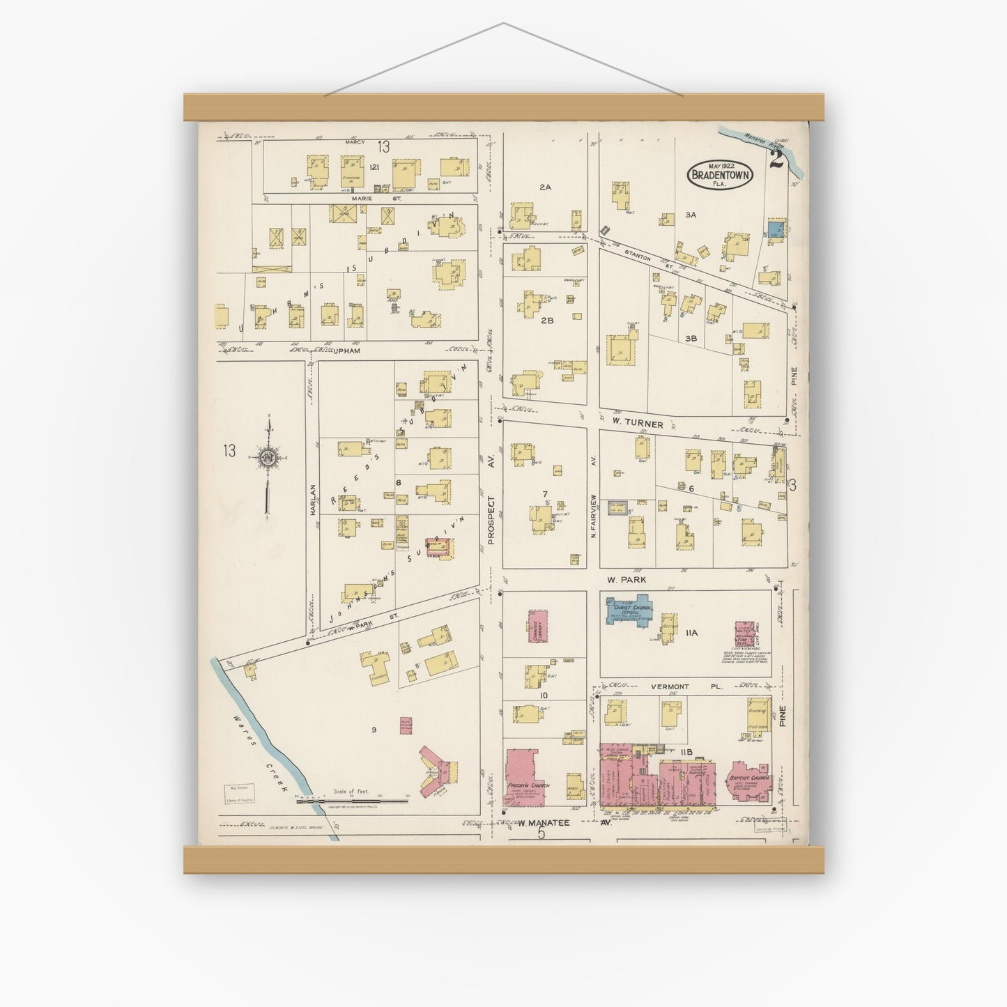 Old map wall art mockup — magnetic wood frame on white wall — Sanborn Fire Insurance Map from Bradentown, Manatee County, Florida (1922), Sheet #0002