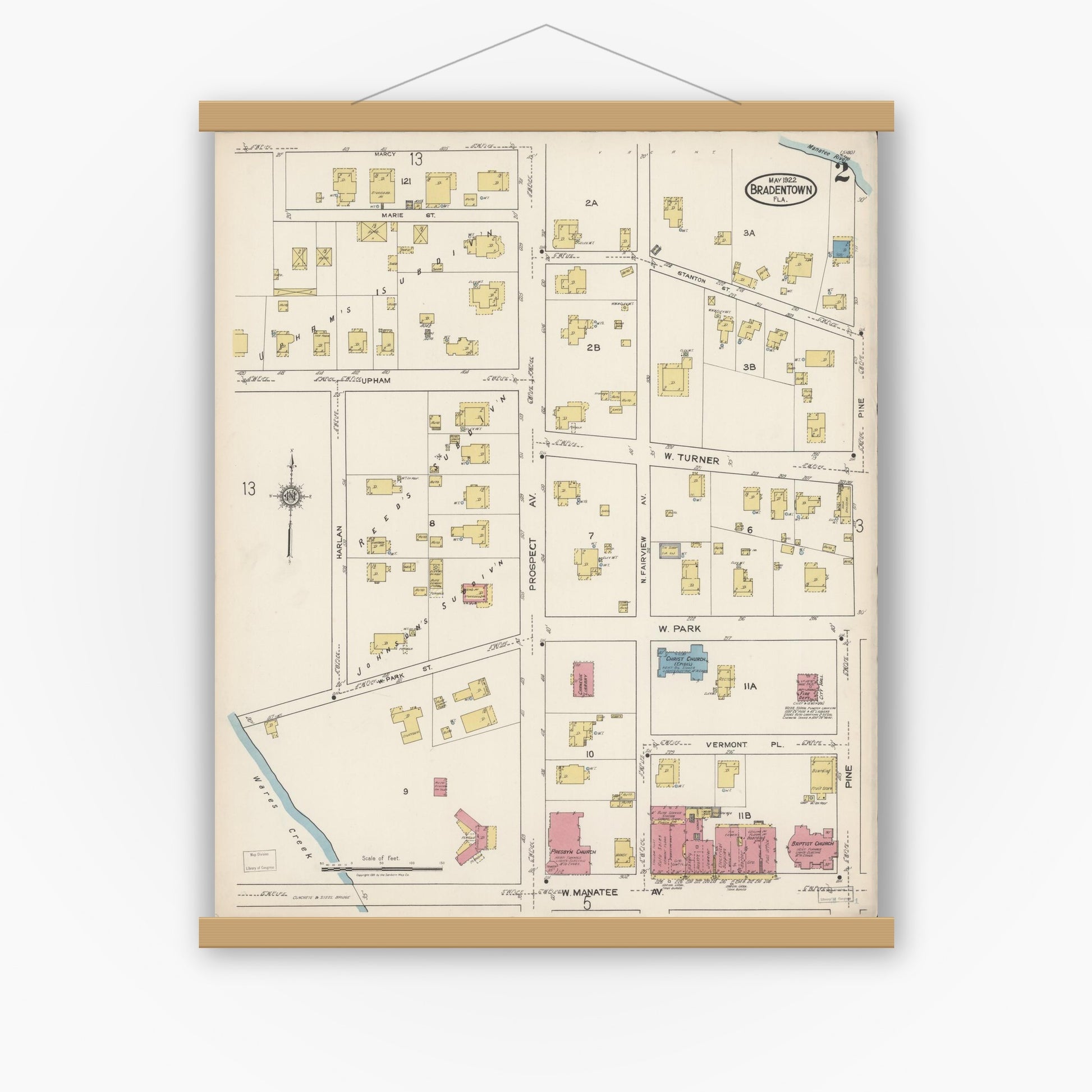 Old map wall art mockup — magnetic wood frame on white wall — Sanborn Fire Insurance Map from Bradentown, Manatee County, Florida (1922), Sheet #0002