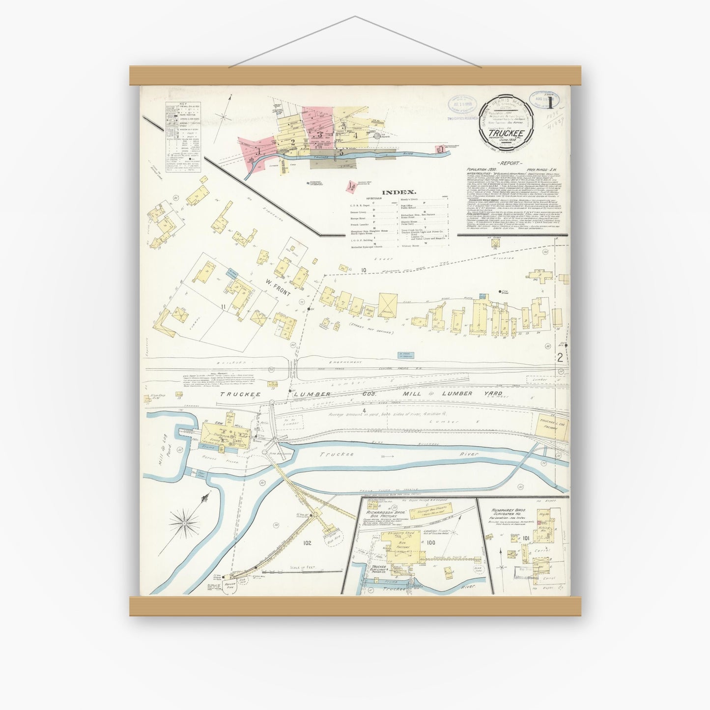 Old map wall art mockup — magnetic wood frame on white wall — Sanborn Fire Insurance Map from Truckee, Nevada County, California (1898) - Complete Map Set