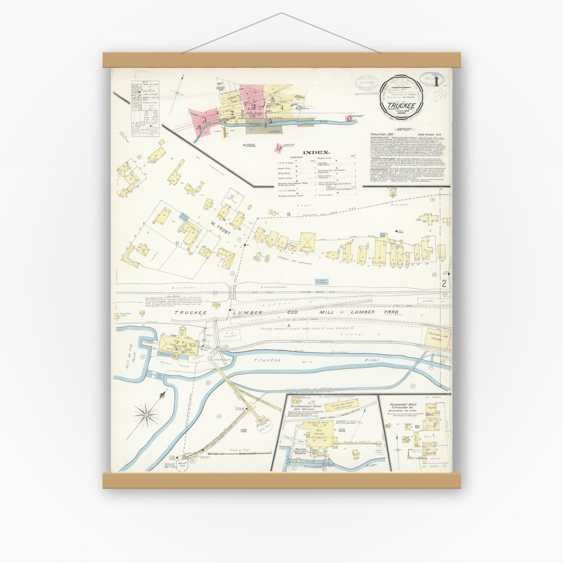 Old map wall art mockup — magnetic wood frame on white wall — Sanborn Fire Insurance Map from Truckee, Nevada County, California (1898) - Complete Map Set