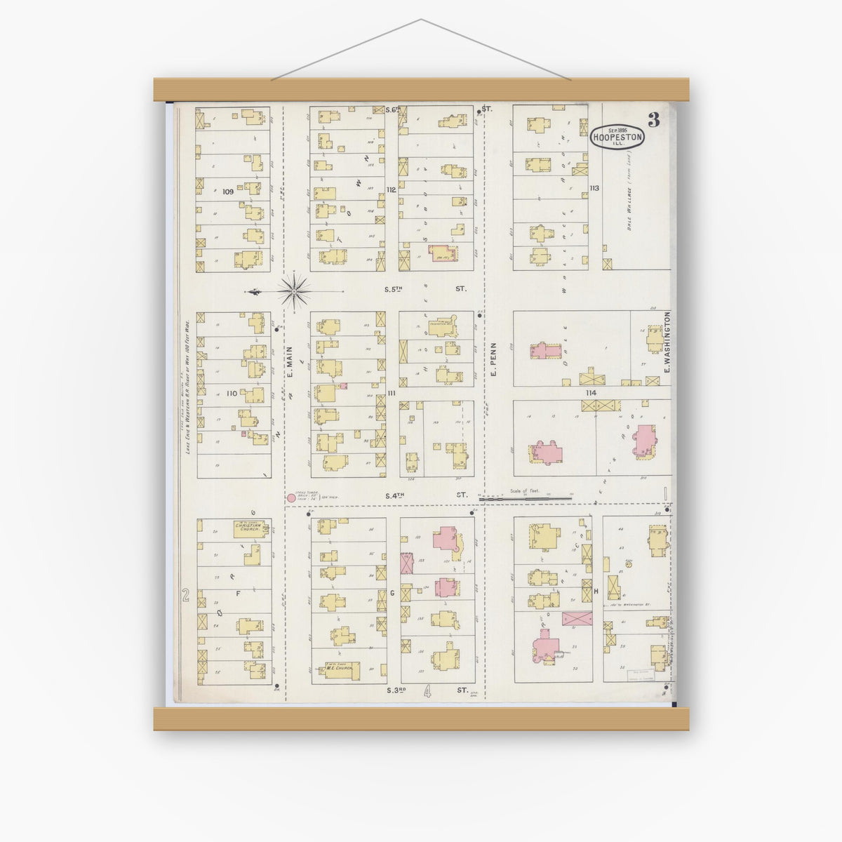 Old map wall art mockup — magnetic wood frame on white wall — Sanborn Fire Insurance Map from Hoopeston, Vermilion County, Illinois (1895), Sheet #0003