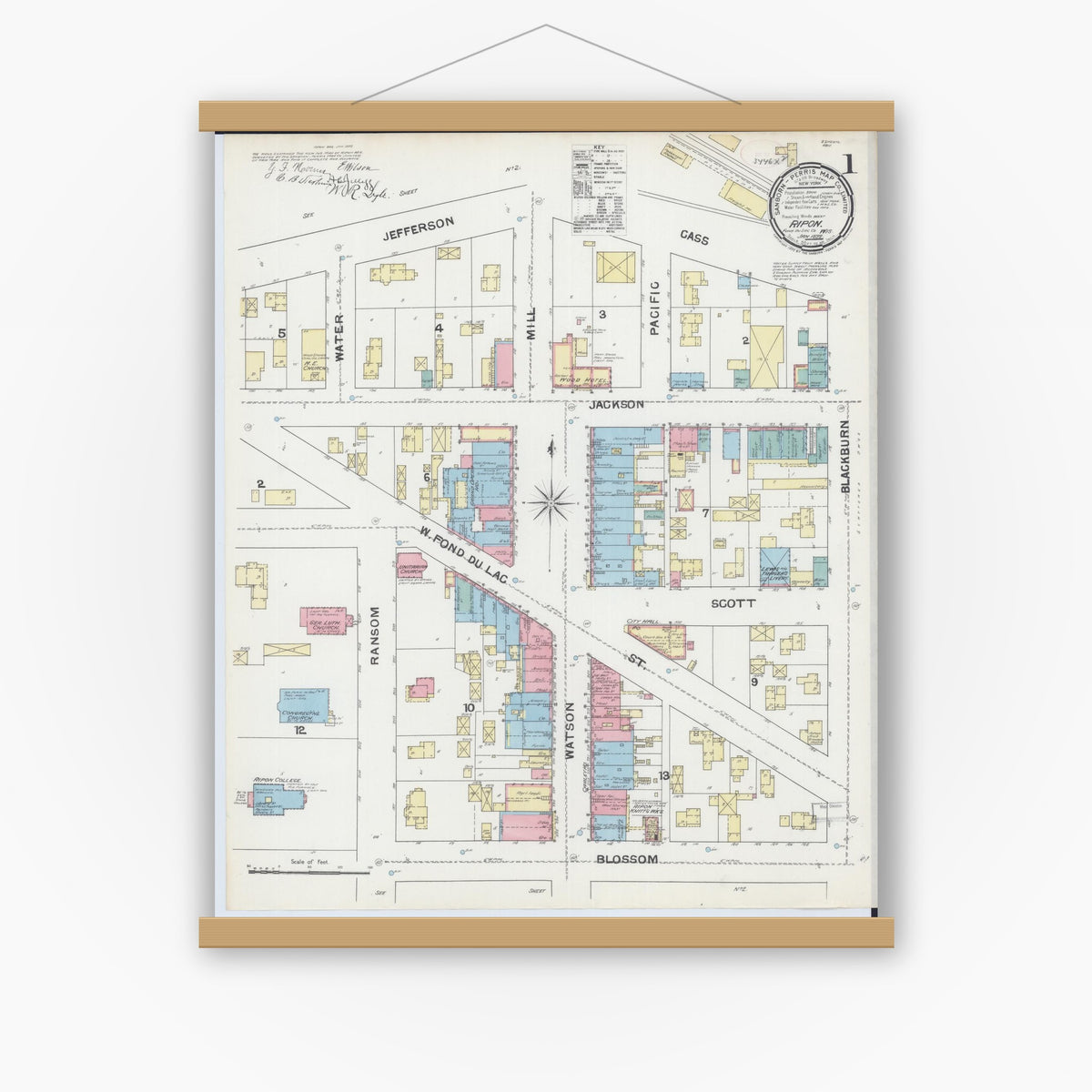 Old map wall art mockup — magnetic wood frame on white wall — Sanborn Fire Insurance Map from Ripon, Fond du Lac County, Wisconsin (1892), Sheet #0001