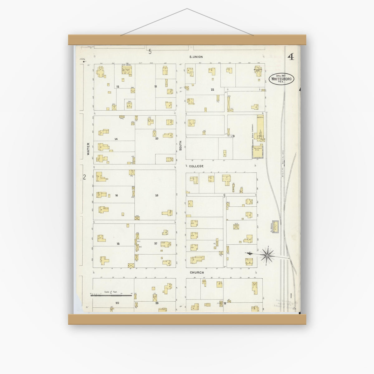 Old map wall art mockup — magnetic wood frame on white wall — Sanborn Fire Insurance Map from Whitesboro, Grayson County, Texas (1907), Sheet #0004