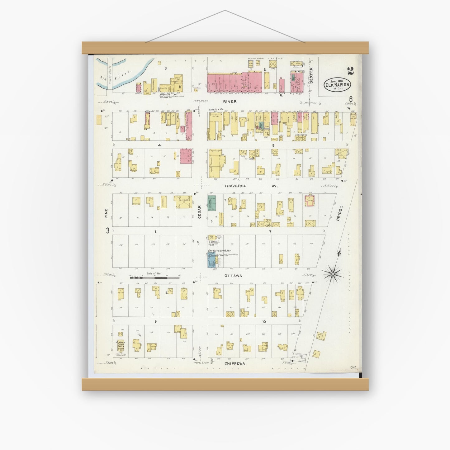 Old map wall art mockup — magnetic wood frame on white wall — Sanborn Fire Insurance Map from Elk Rapids, Antrim County, Michigan (1907), Sheet #0002