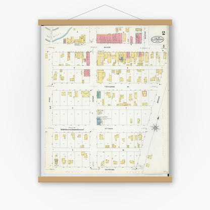 Old map wall art mockup — magnetic wood frame on white wall — Sanborn Fire Insurance Map from Elk Rapids, Antrim County, Michigan (1907), Sheet #0002