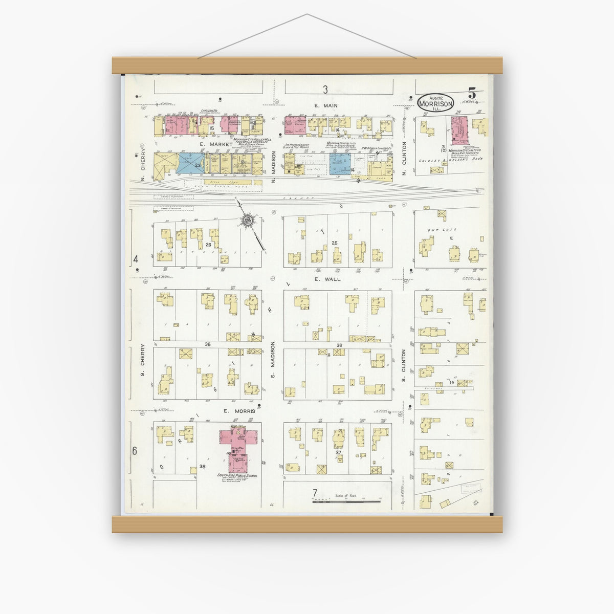 Old map wall art mockup — magnetic wood frame on white wall — Sanborn Fire Insurance Map from Morrison, Whiteside County, Illinois (1912), Sheet #0005