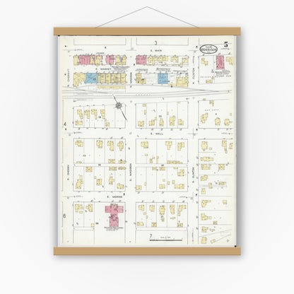 Old map wall art mockup — magnetic wood frame on white wall — Sanborn Fire Insurance Map from Morrison, Whiteside County, Illinois (1912), Sheet #0005