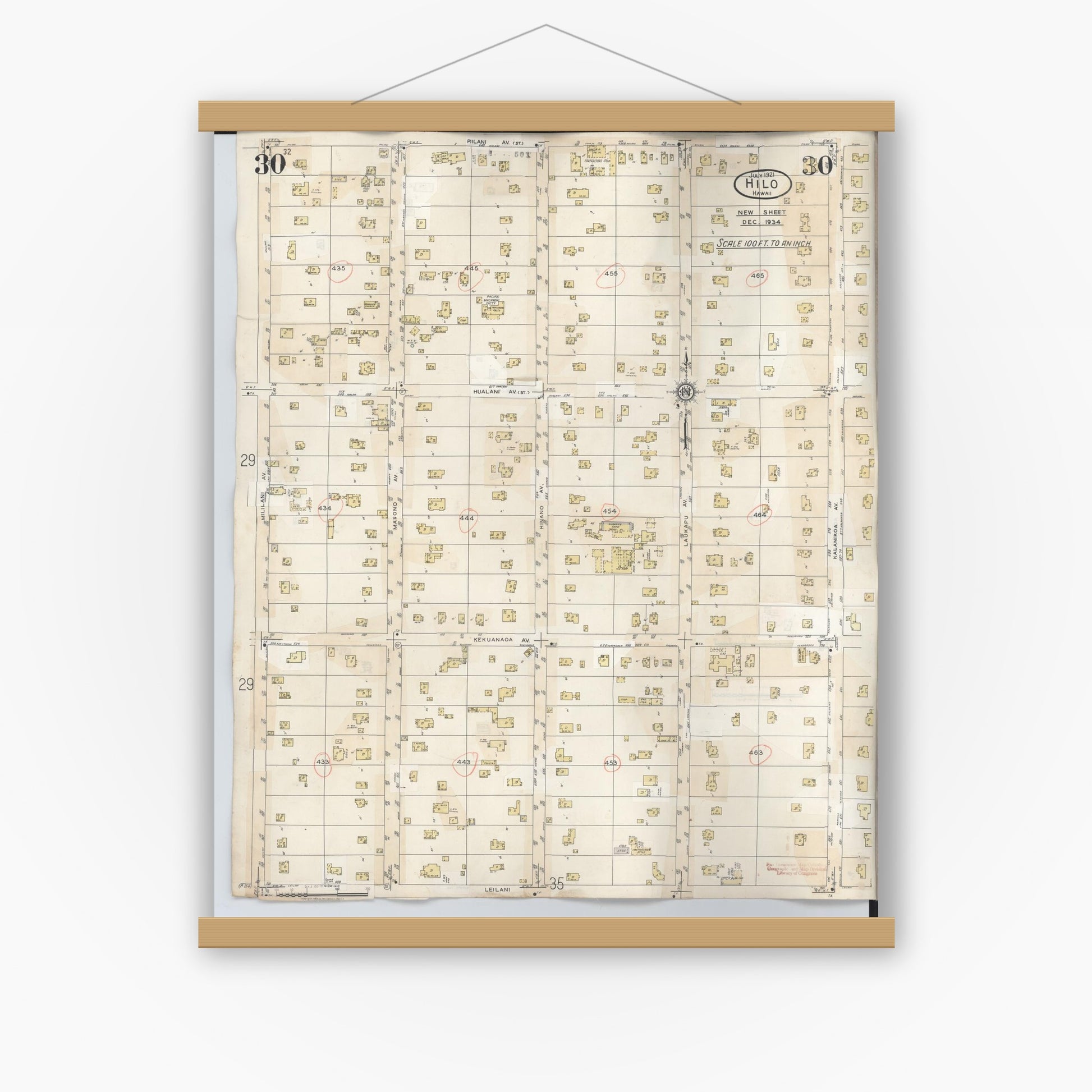 Old map wall art mockup — magnetic wood frame on white wall — Sanborn Fire Insurance Map from Hilo, Hawaii County, Hawaii (1957), Sheet #0030