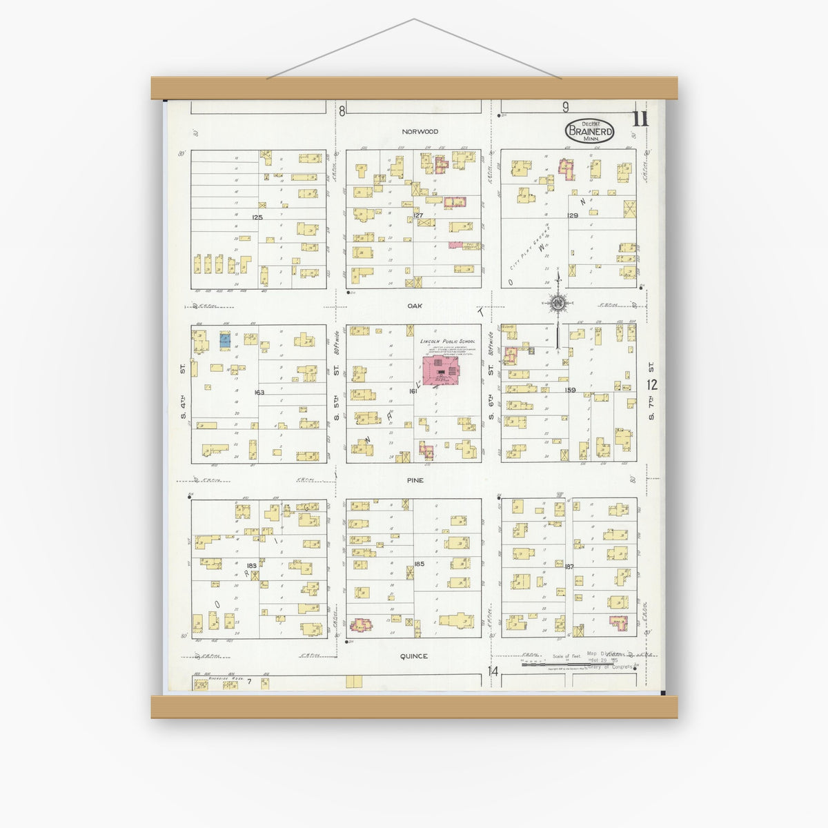 Old map wall art mockup — magnetic wood frame on white wall — Sanborn Fire Insurance Map from Brainerd, Crow Wing County, Minnesota (1917), Sheet #0011