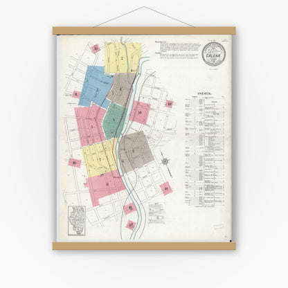 Old map wall art mockup — magnetic wood frame on white wall — Sanborn Fire Insurance Map from Galena, Jo Daviess County, Illinois (1912) - Complete Map Set