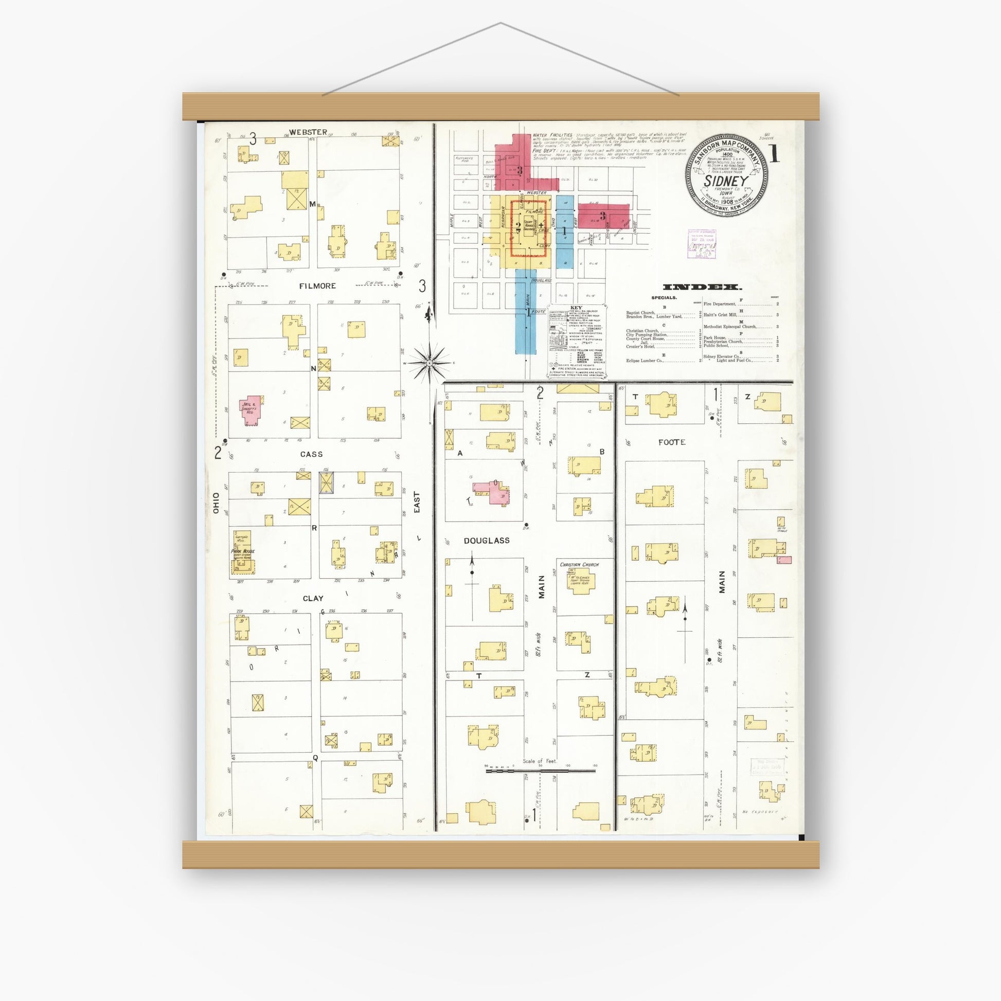 Old map wall art mockup — magnetic wood frame on white wall — Sanborn Fire Insurance Map from Sidney, Fremont County, Iowa (1908), Sheet #0001