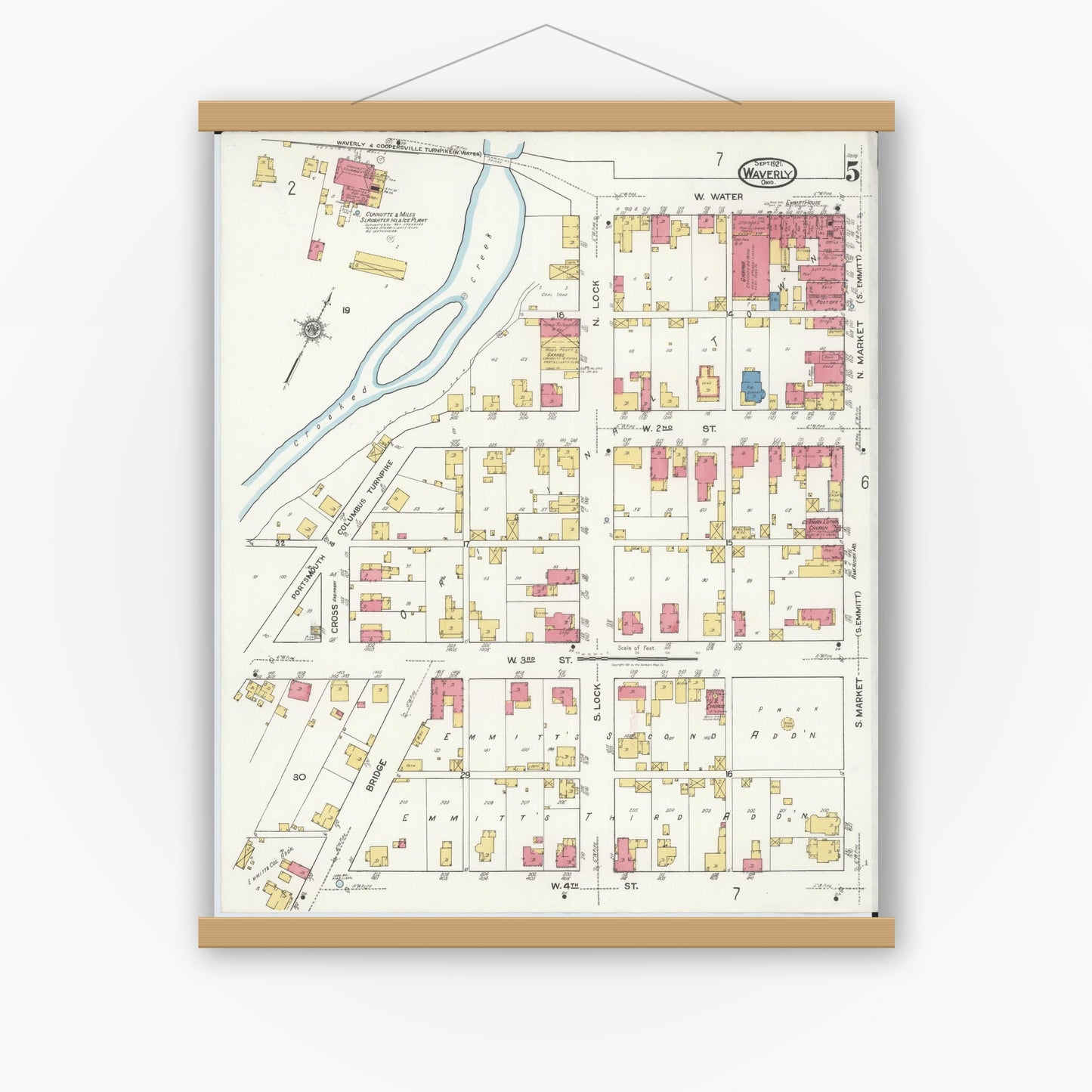 Old map wall art mockup — magnetic wood frame on white wall — Sanborn Fire Insurance Map from Waverly, Pike County, Ohio (1921), Sheet #0005