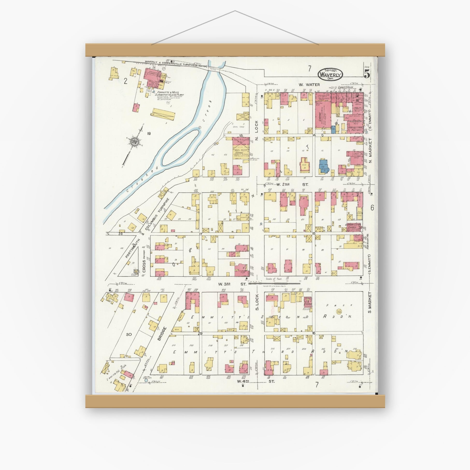 Old map wall art mockup — magnetic wood frame on white wall — Sanborn Fire Insurance Map from Waverly, Pike County, Ohio (1921), Sheet #0005