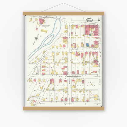 Old map wall art mockup — magnetic wood frame on white wall — Sanborn Fire Insurance Map from Waverly, Pike County, Ohio (1921), Sheet #0005