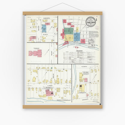 Old map wall art mockup — magnetic wood frame on white wall — Sanborn Fire Insurance Map from Canal Dover, Tuscarawas County, Ohio (1907), Sheet #0001
