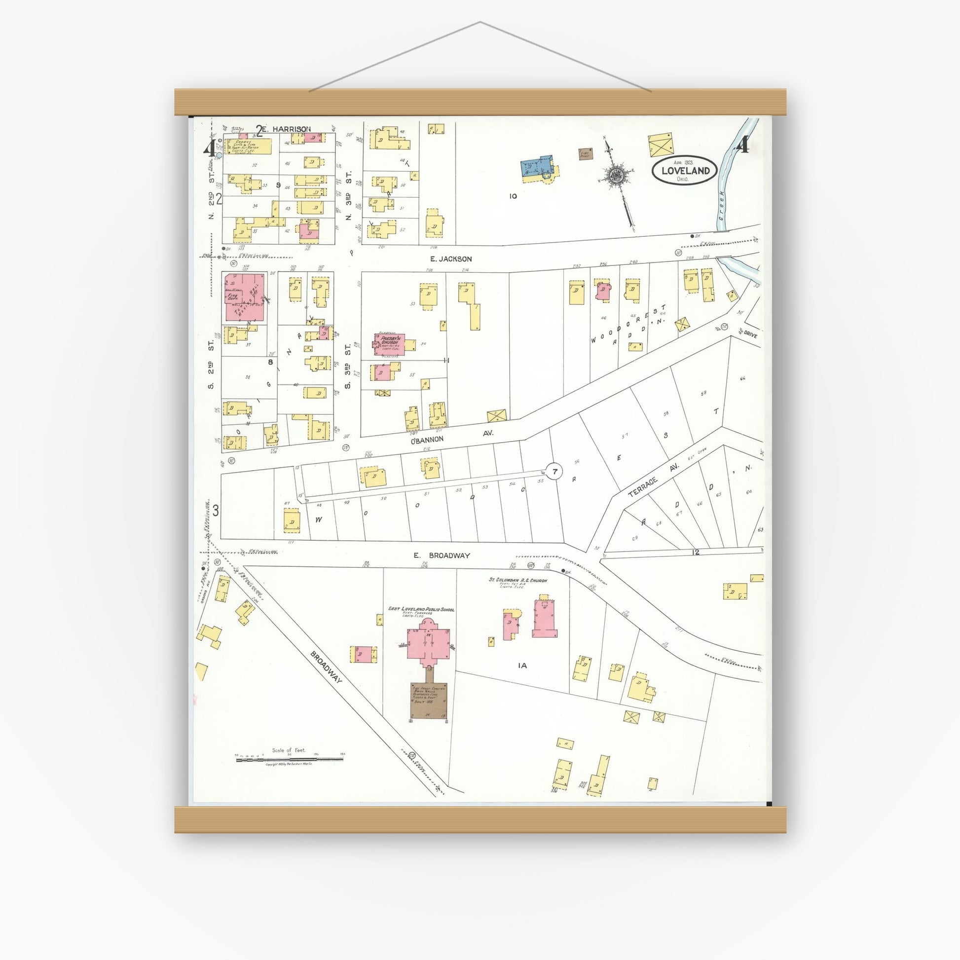 Old map wall art mockup — magnetic wood frame on white wall — Sanborn Fire Insurance Map from Loveland, Clermont, Hamilton, And Warren County, Ohio (1923), Sheet #0004