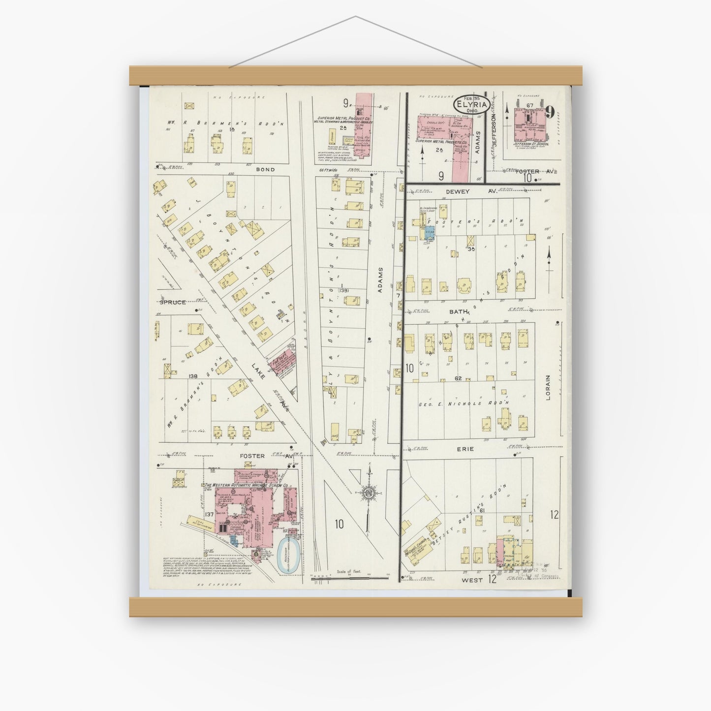 Old map wall art mockup — magnetic wood frame on white wall — Sanborn Fire Insurance Map from Elyria, Lorain County, Ohio (1915), Sheet #0009