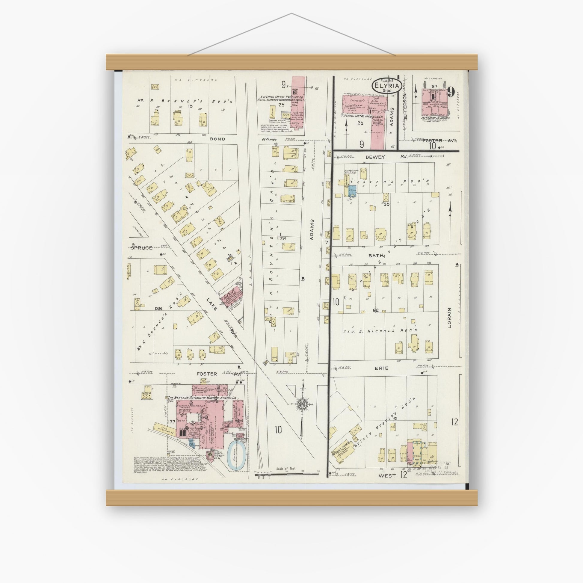 Old map wall art mockup — magnetic wood frame on white wall — Sanborn Fire Insurance Map from Elyria, Lorain County, Ohio (1915), Sheet #0009