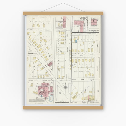 Old map wall art mockup — magnetic wood frame on white wall — Sanborn Fire Insurance Map from Elyria, Lorain County, Ohio (1915), Sheet #0009